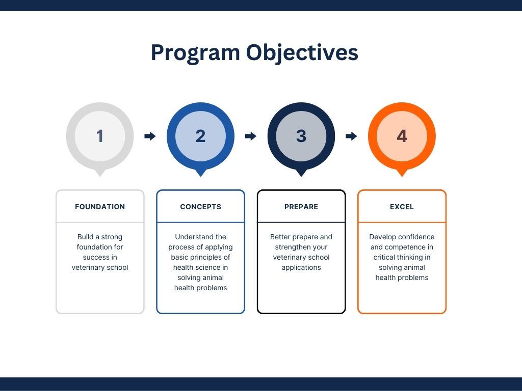 Four levels of Program Objectives broken down. Level 1 Building a strong foundation. Level 2 is understanding of concepts and applying it to your studies. Level 3 is Preparing for your veterinary school applications. Level 4 is developing the tools and confidence to excel in your career.