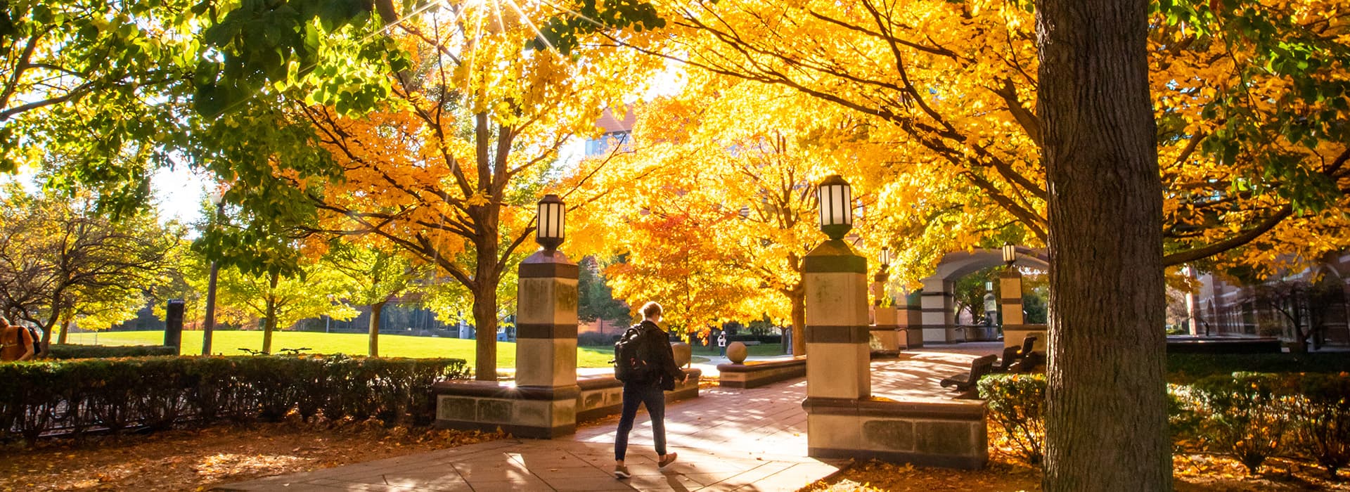 Student walkng on campus on a fall day.