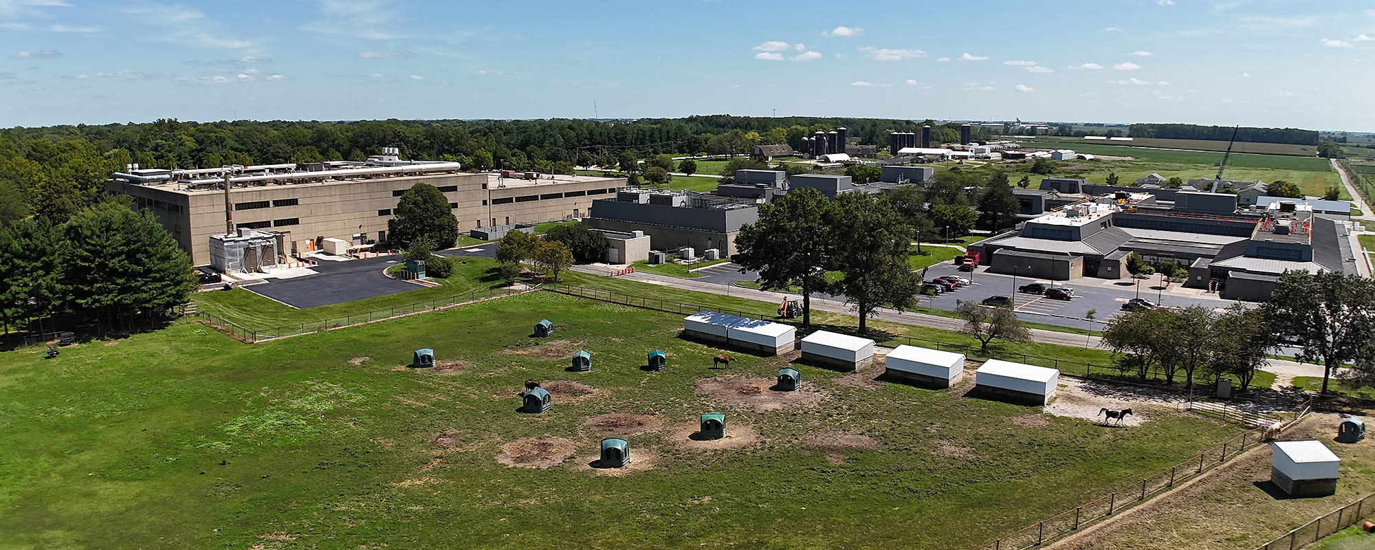 Aerial view of the veterinary hospital and Basic Science building from the north pasture.
