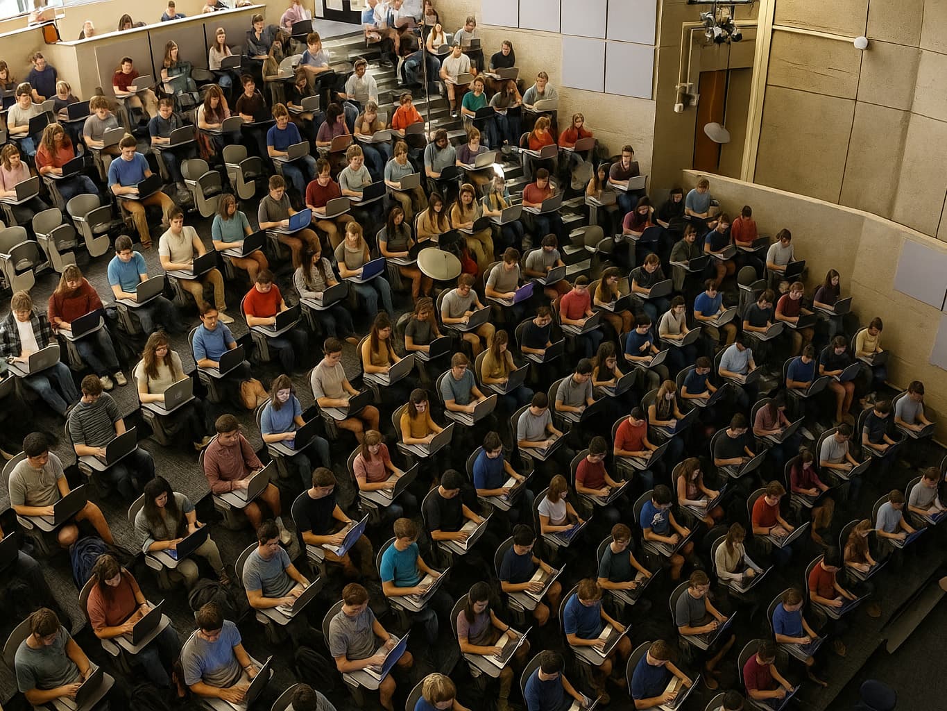 A large lecture hall filled with students using laptops, seated in tiered rows with beige walls and acoustic panels.