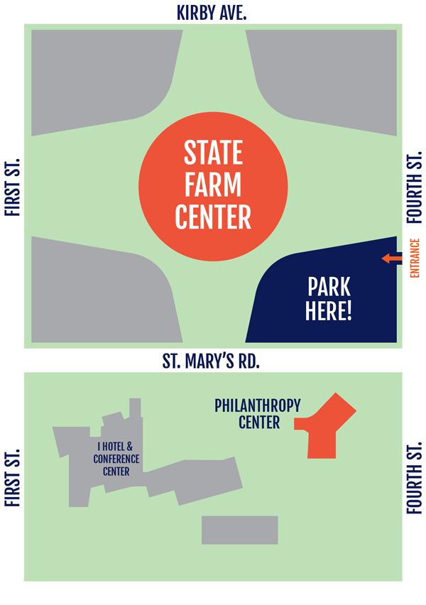 Simplified map of the area around State Farm Center to show where to park for the event