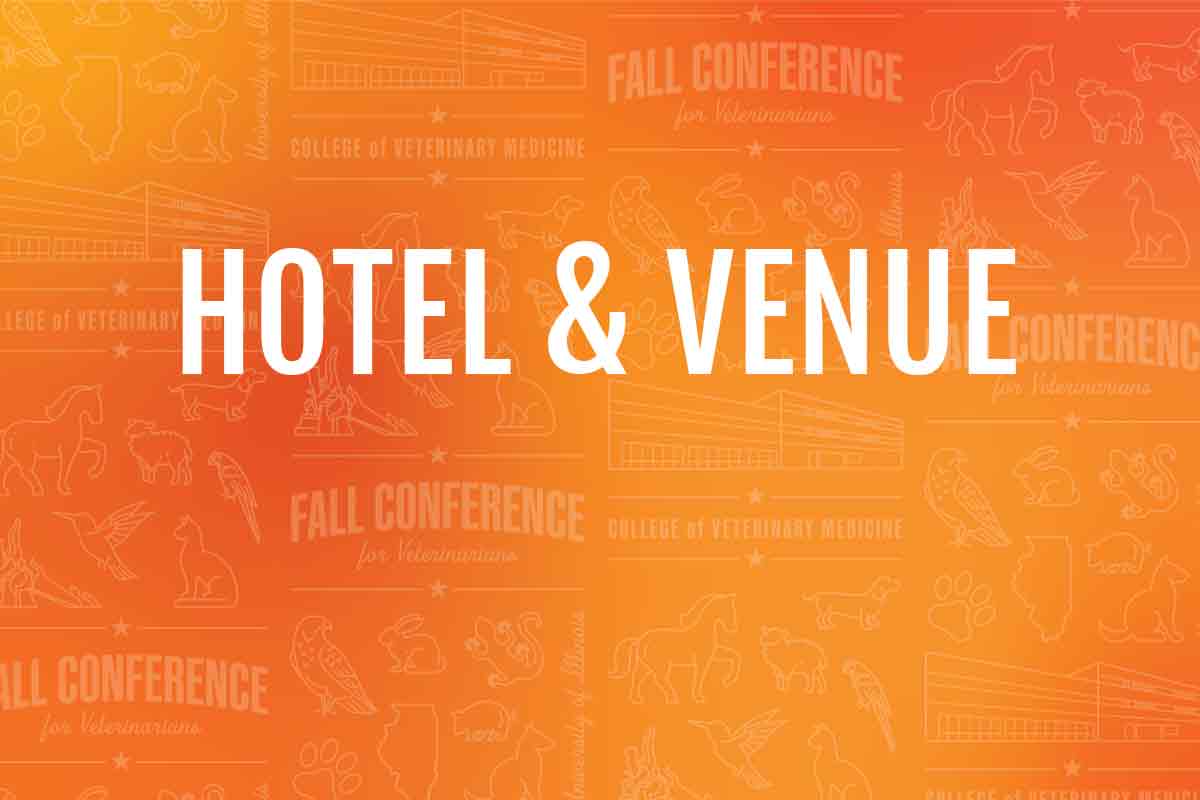 Hotel and venue printed over an orange gradient background with veterinary icons.