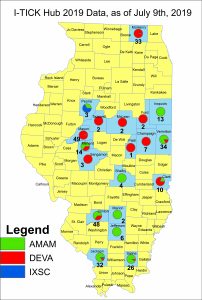 A map showing the counties where participants have sent ticks to ITICK
