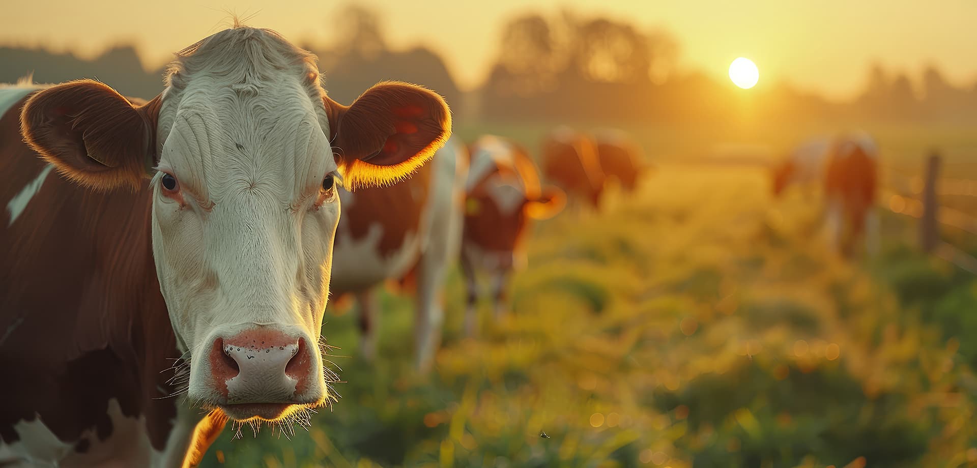 Brown and white cow looking at camera with other cows blurred in the sunset