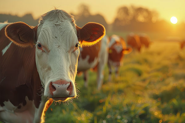Orange and white cow with sunset in background