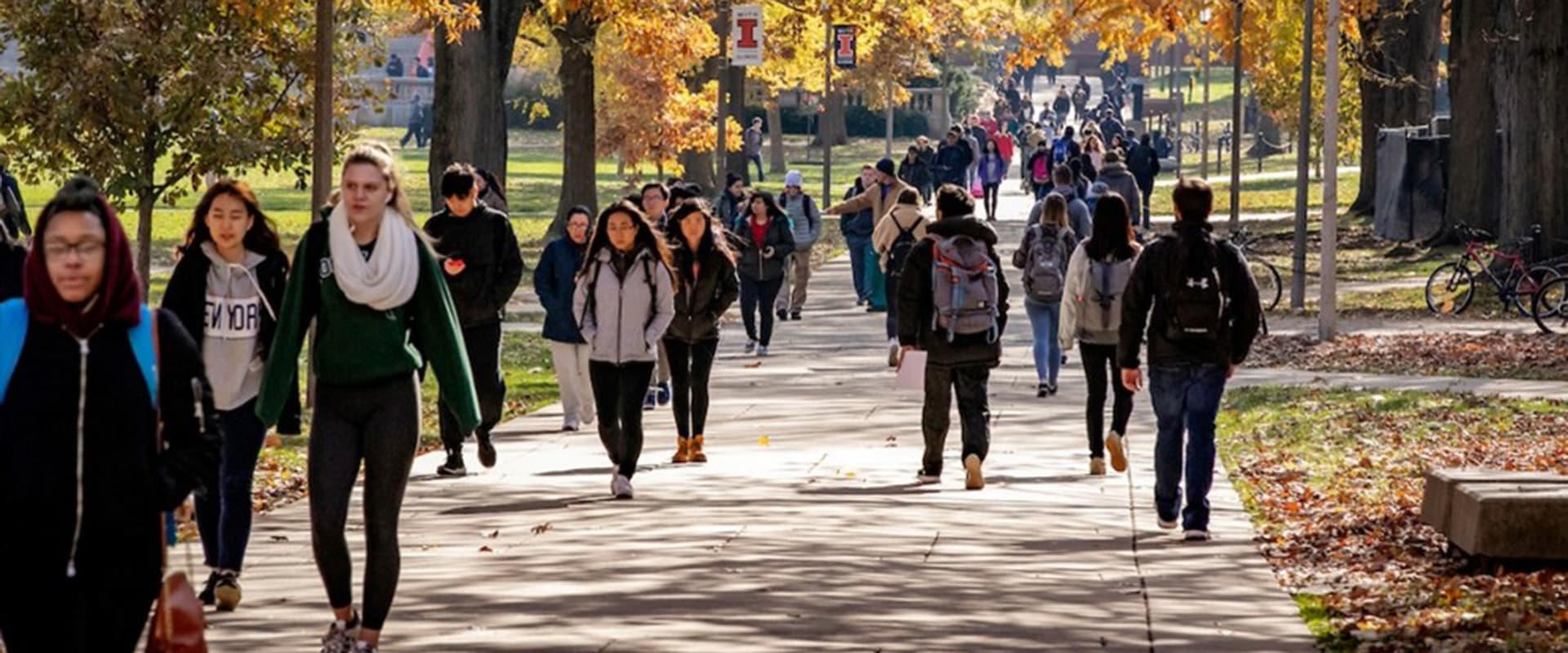 University of Illinois students walking on sidewalks.