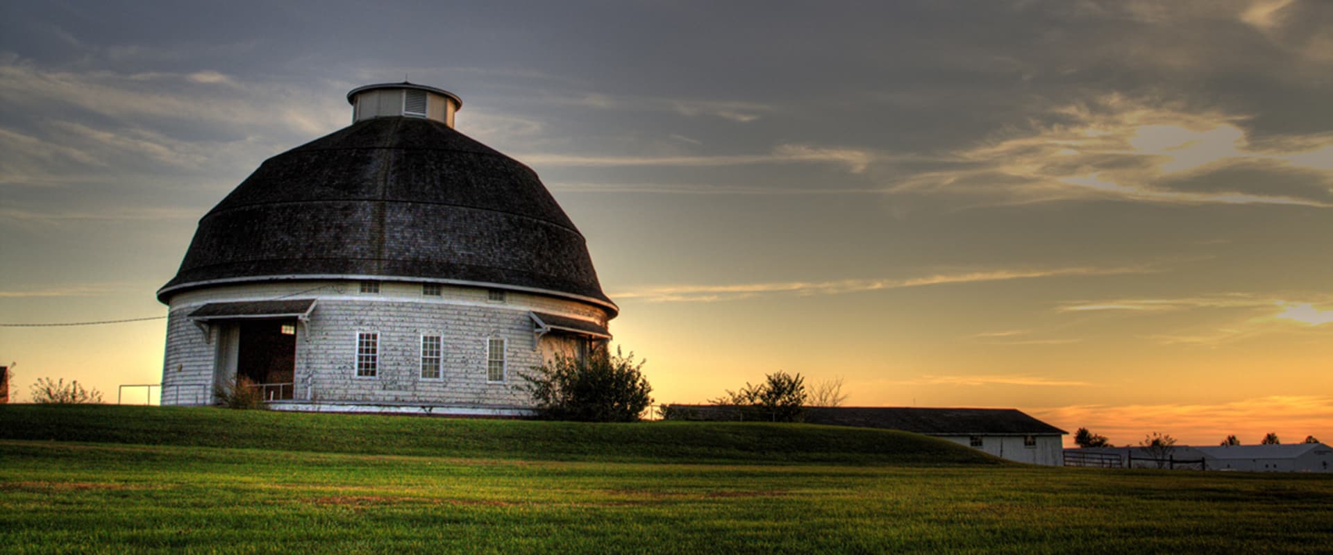 The round barn at dusk.