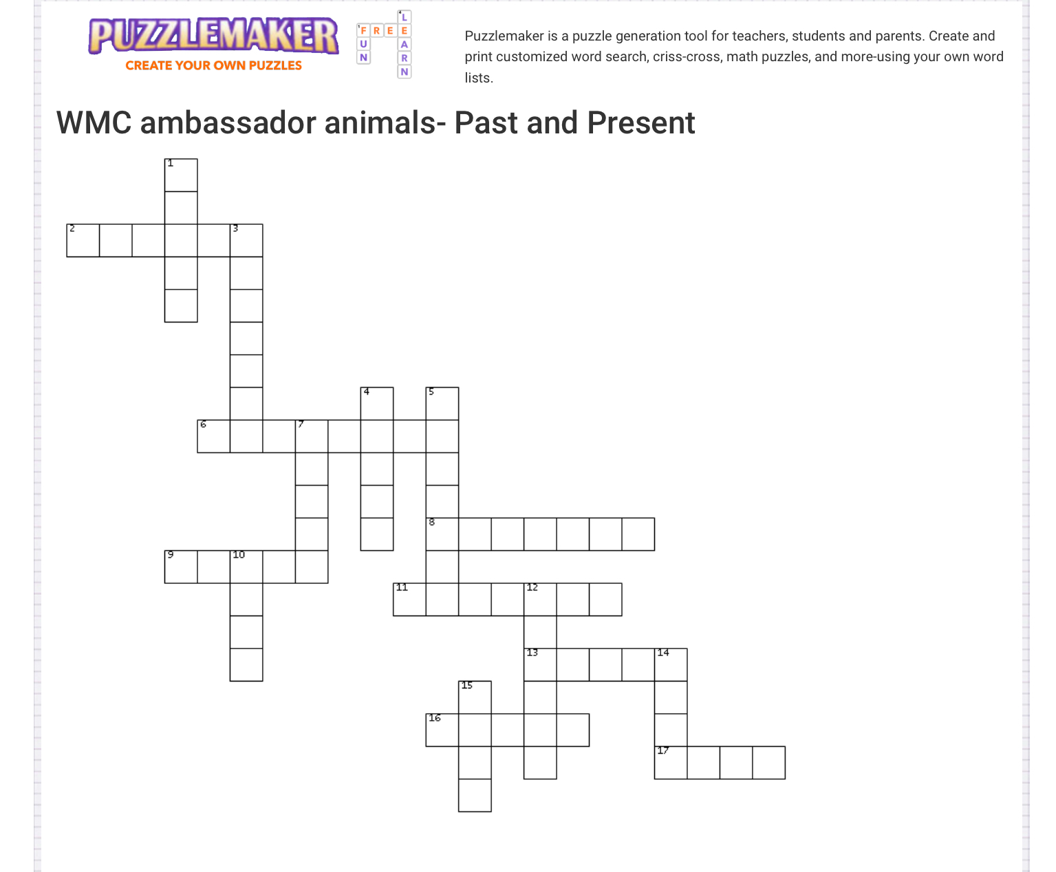 Ambassador Animals Crossword Puzzle