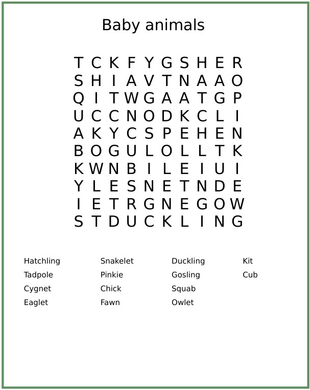 Baby Animal Word Search