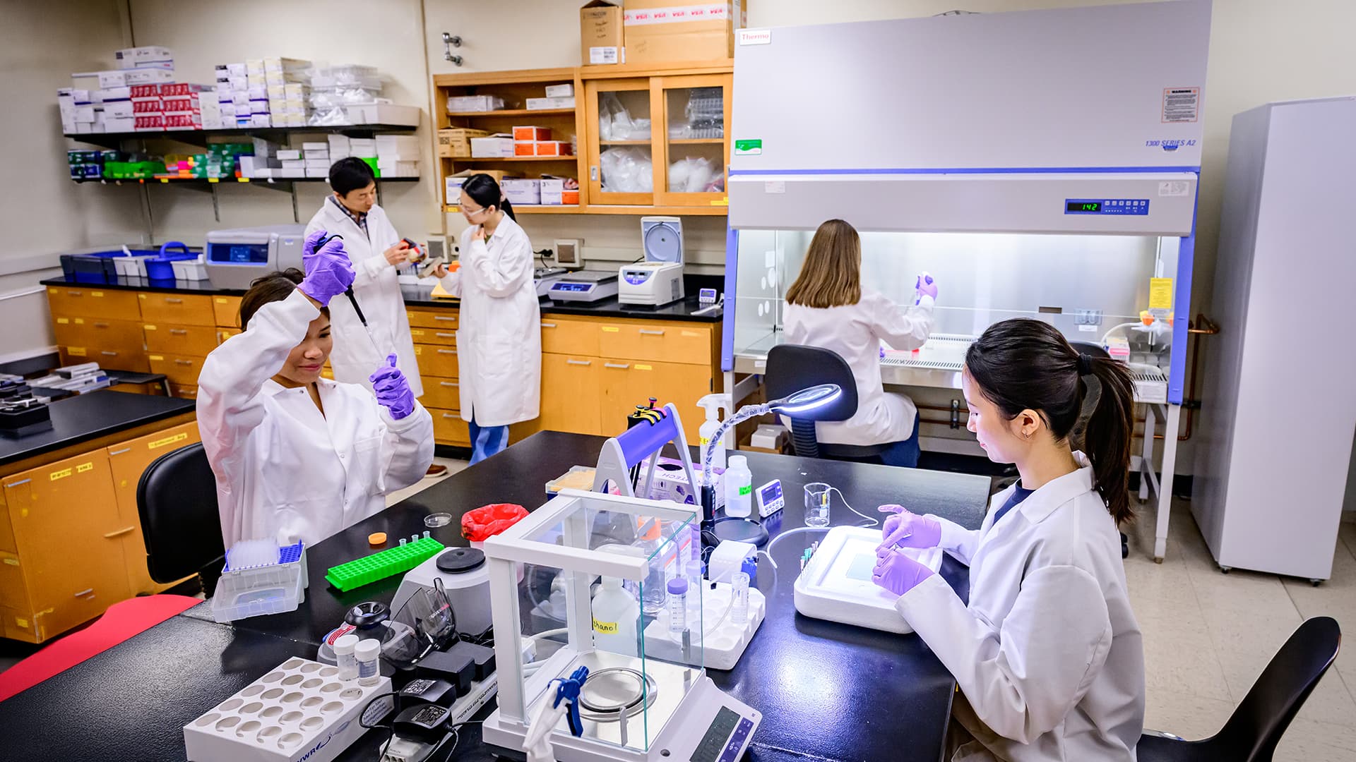 Won lab members working in lab setting.
