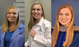 [Sarah Wright at three milestones in her veterinary education]