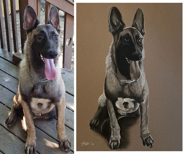 Photo of Khan when he arrived, and painting of Khan from the photo.