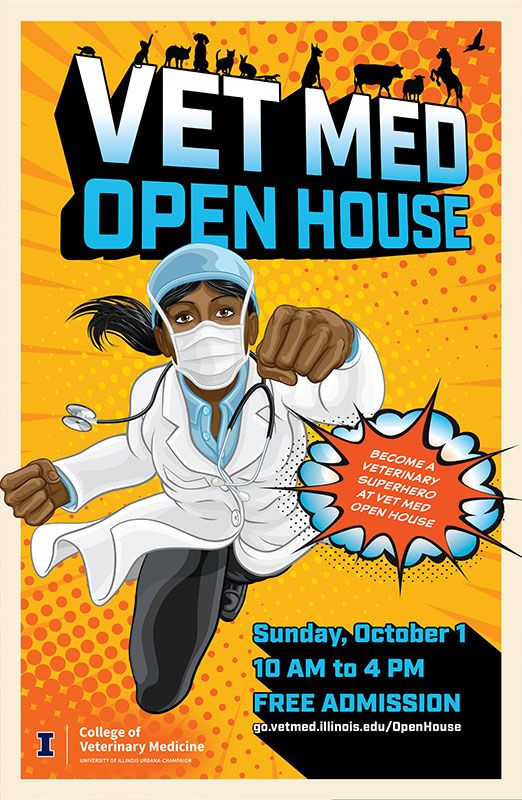 front of poster for 2023 Vet Med Open House showing veterinary superhero