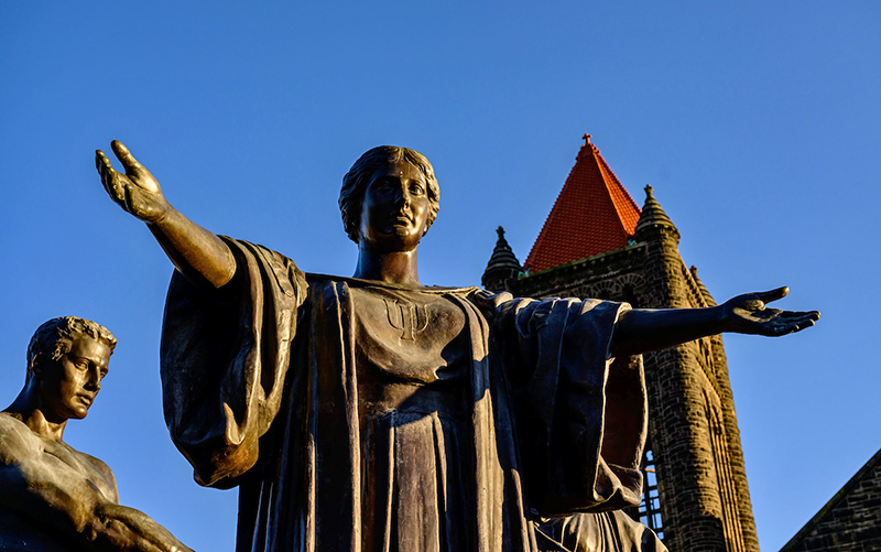 early morning view of Alma Mater statue