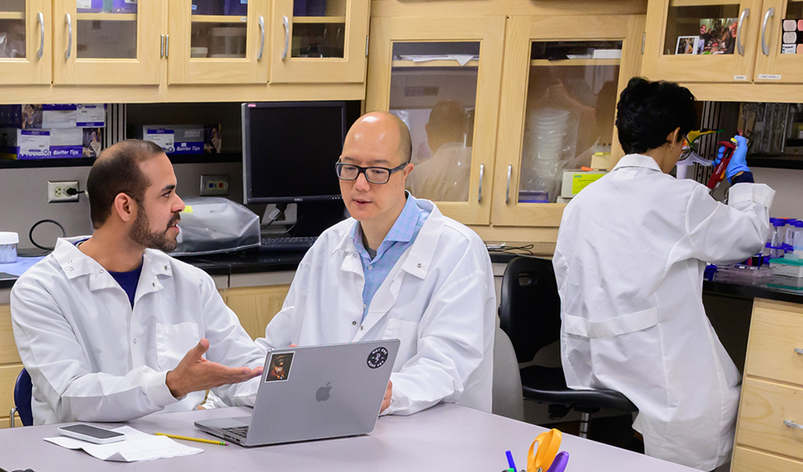 Tim Fan, center, in his research lab