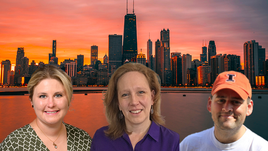 Headshots of Mandy Womble, Karen Terio and Matt Allender in front of Chicago skyline