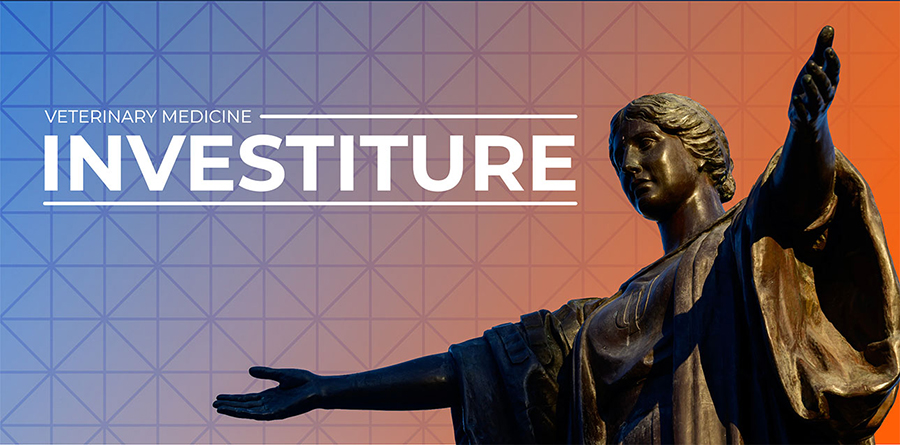 Photo of Alma Mater statue with the word Investiture