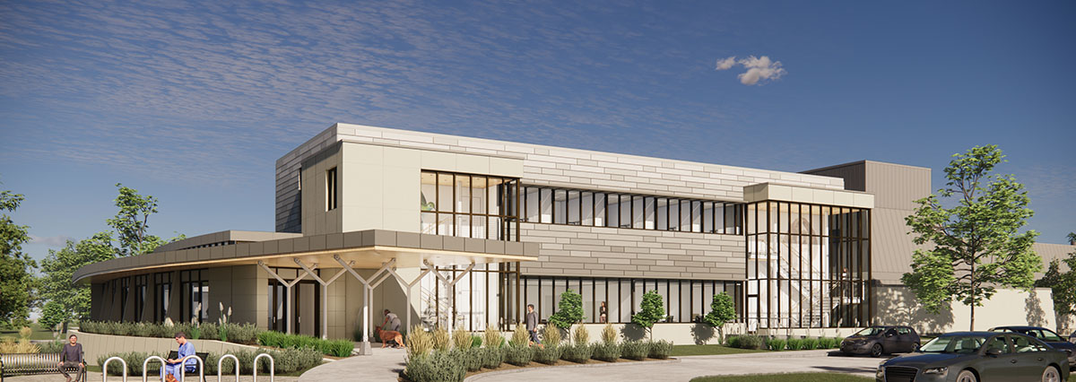 Architecture building design rendering of the new oncology wing connected to the Small Animal Clinic