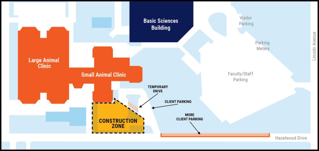 Simplified map of the new parking locations on Hazelwood drive during construction of the oncology wing. 