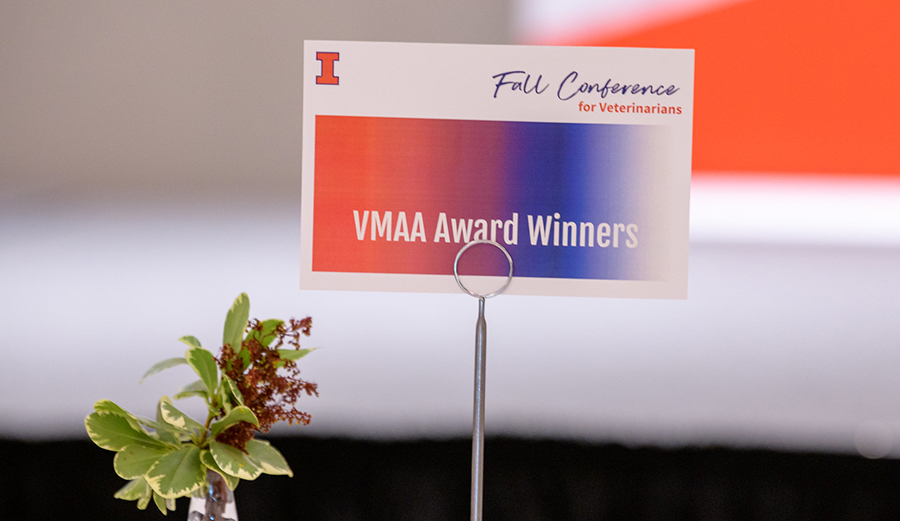 a sign on a table in orange and blue says Fall Conference VMAA Award Winners