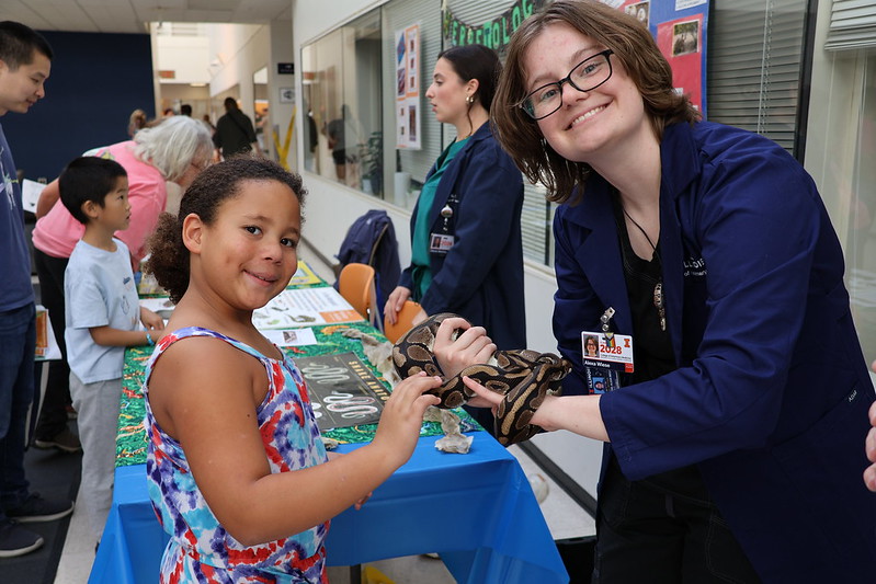 A vet student and girl hold a snake at Open House 2024.