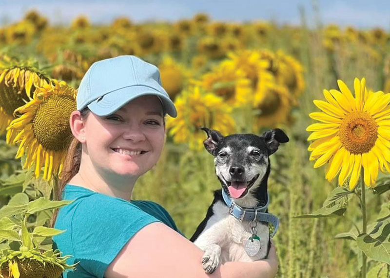 Dr. Hana Huff holding a dog in a sunflower field.