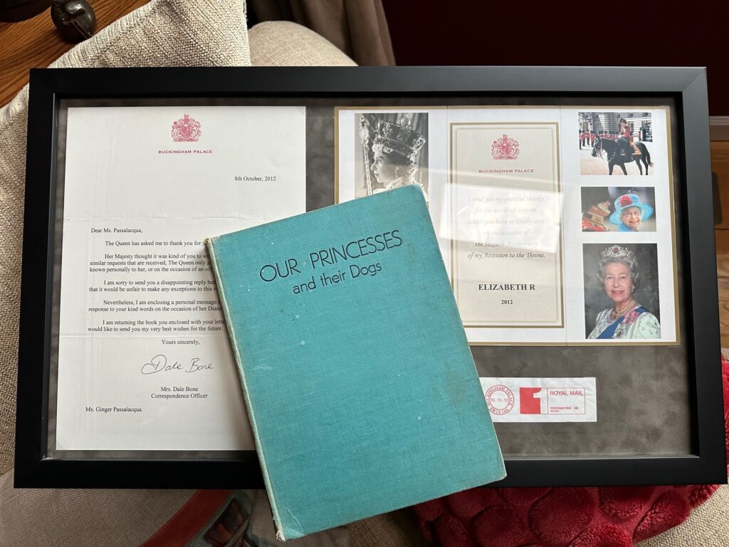 Ginger Passalacqua's book and letter from the Queen of England.