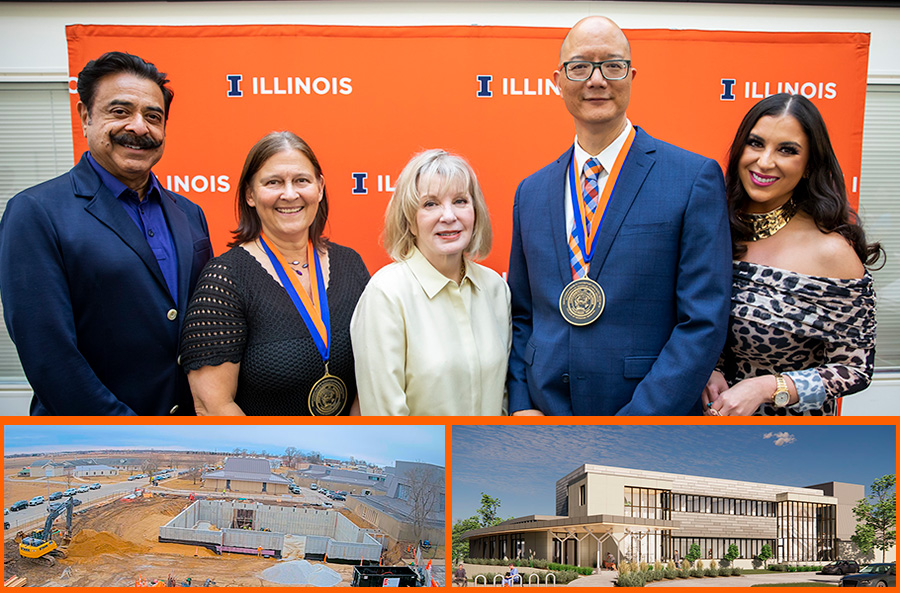 Shahid Khan-Laura Garrett-Ann Khan-Tim Fan-Shanna Khan at the investiture ceremony; photo of construction site for new oncology wing; architect's rendering of new oncology wing