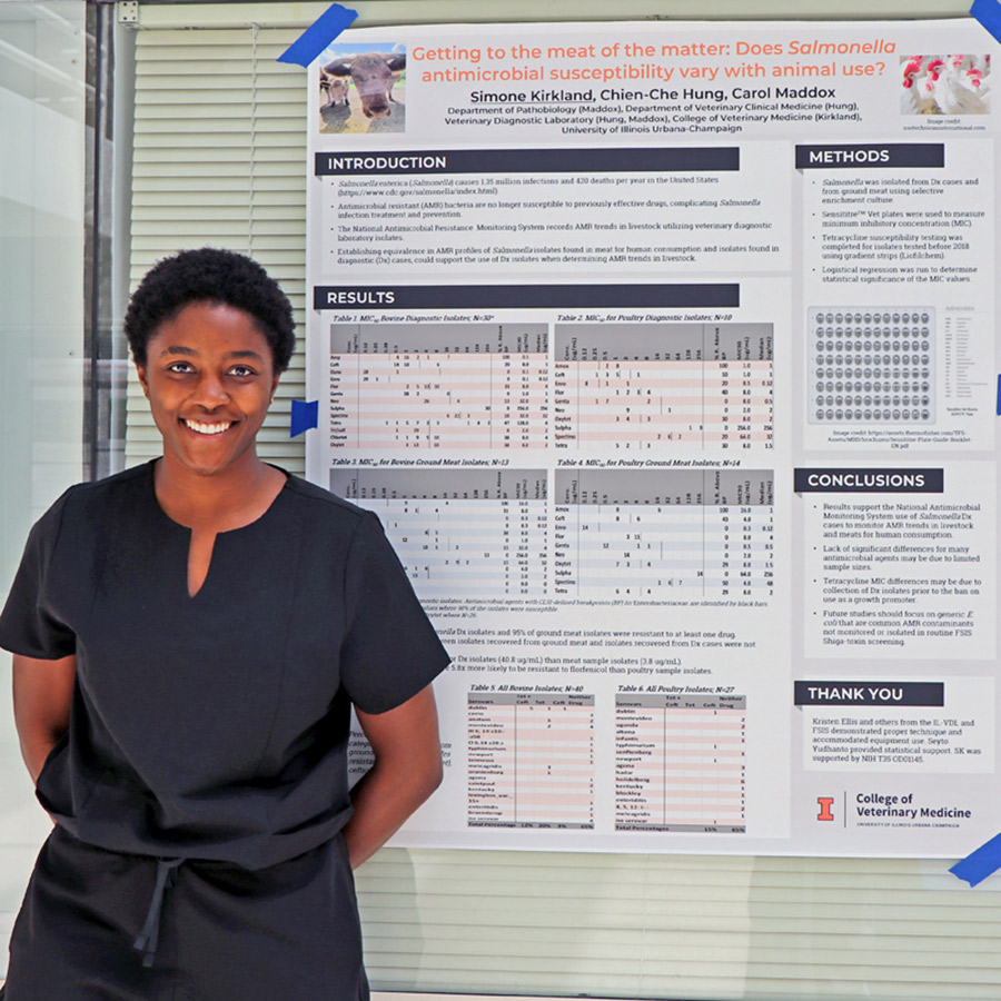 OC Kirkland standing in front of her summer research project for the University of Illinois College of Veterinary Medicine.