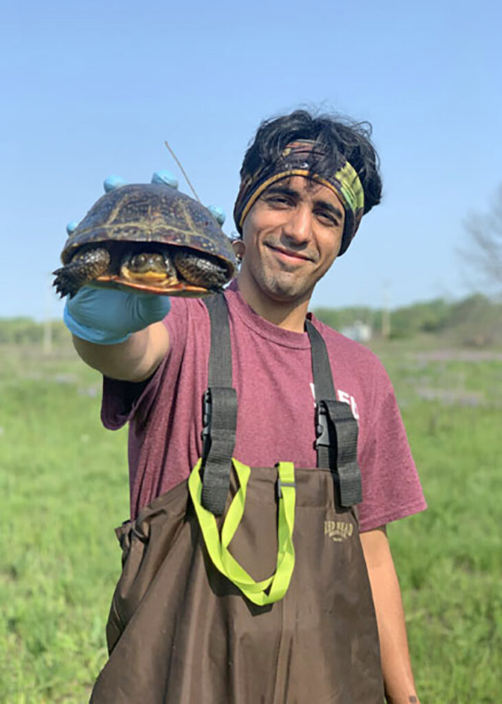 Varun Seth holding a turtle outside in a grassy meadow.