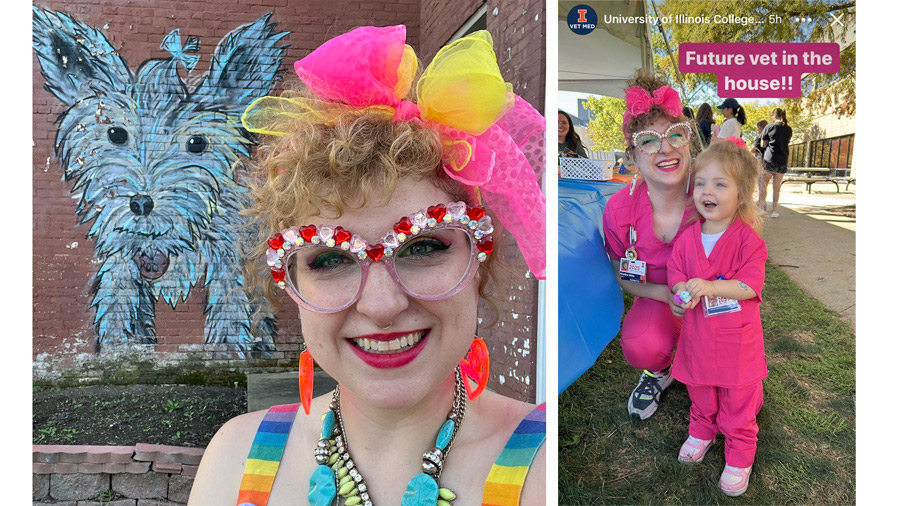 Two pictures, one of Kristine Witte taking a selfie and the other of Kristine Witte and a little girl, with text that reads "Future vet in the house!!"