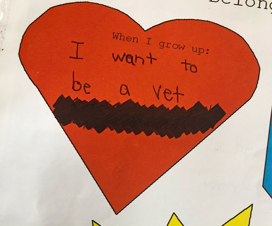 Writing in a yearbook that says, "When I grow up: I want to be a vet."