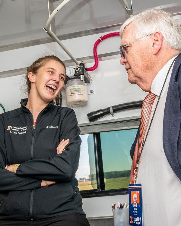Two veterinarians in a mobile surgical truck at the University of Illinois