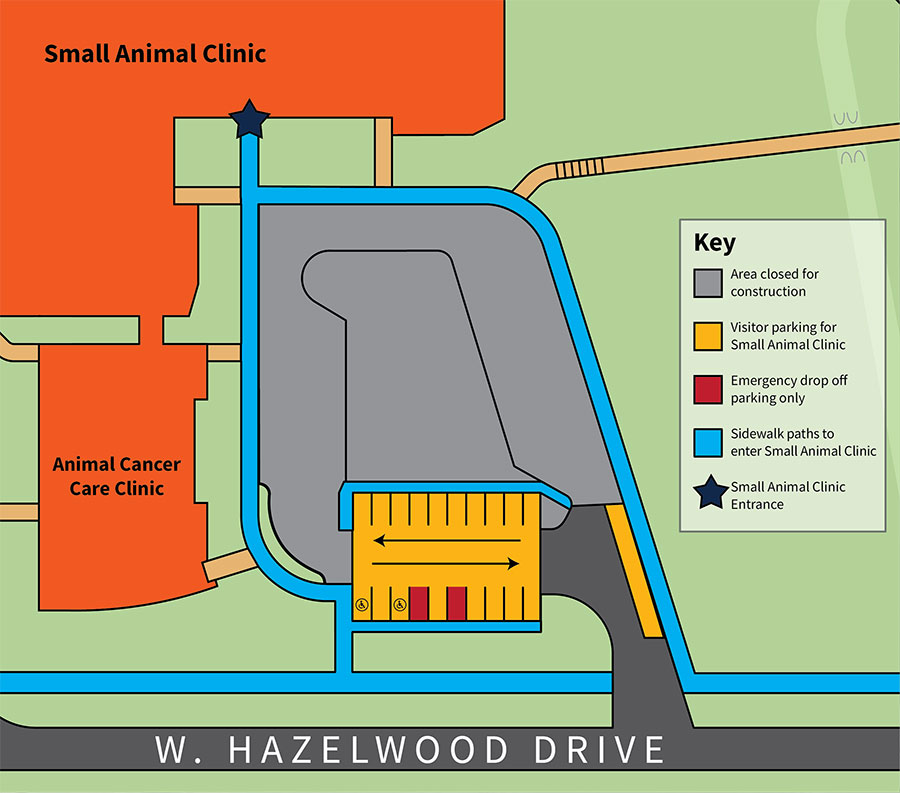 Construction Parking Map - immediate parking area to the south-east of SAC will be under construction. Far south portion of the lot will be available for parking with two emergency-drop off only spots to the middle of the south portion of that lot. Two ADA spaces will be available in the south-west portion of that lot. Follow the available sidewalks to the SAC entrance.