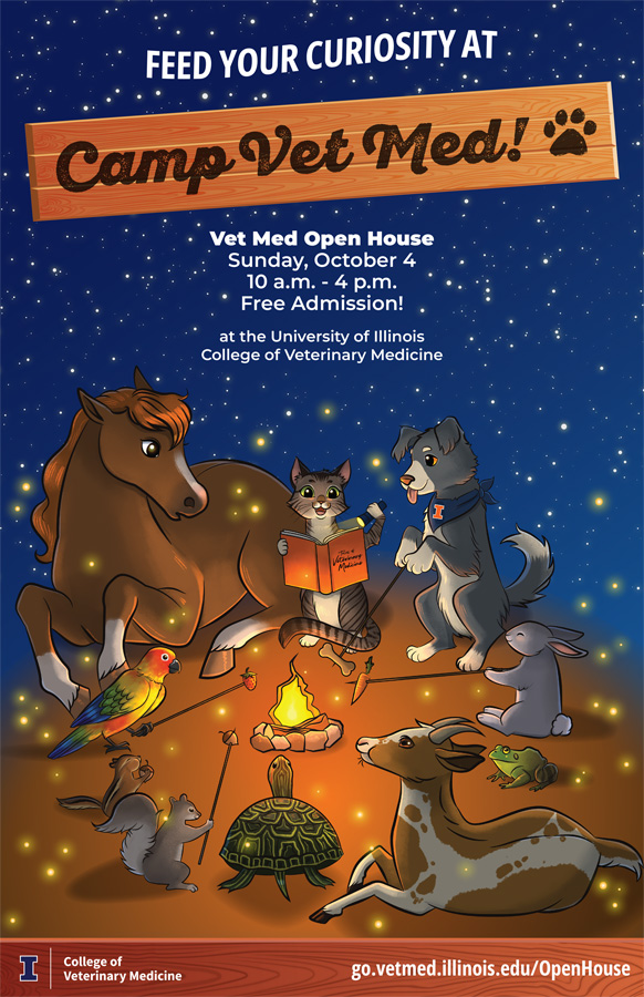 Poster for 2026 Vet Med Open House featuring animals around a campfire