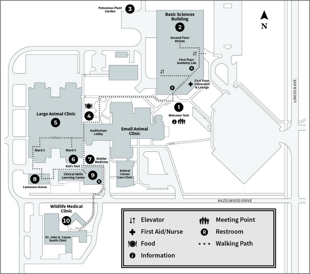 Overview map of the College of Veterinary Medicine campus Open House locations. Numbered
1) Welcome Tent
2) Basic Sciences Building
3) Poisonous Plant Garden
4) Food court
5) Large Animal Clinic
6) Kids' Tent
7) Shelter Medicine
8) Lameness Arena
9) Clinical Skills
10) Wildlife Medical Clinic