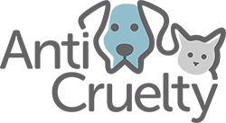 Anti Cruelty logo with an illustrated blue dog and grey cat.